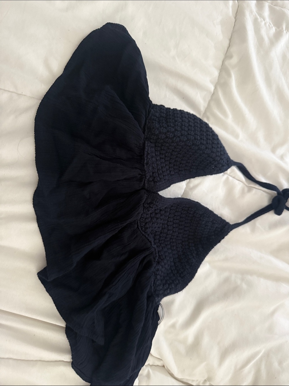 Garage Navy Crochet Halter Babydoll Top